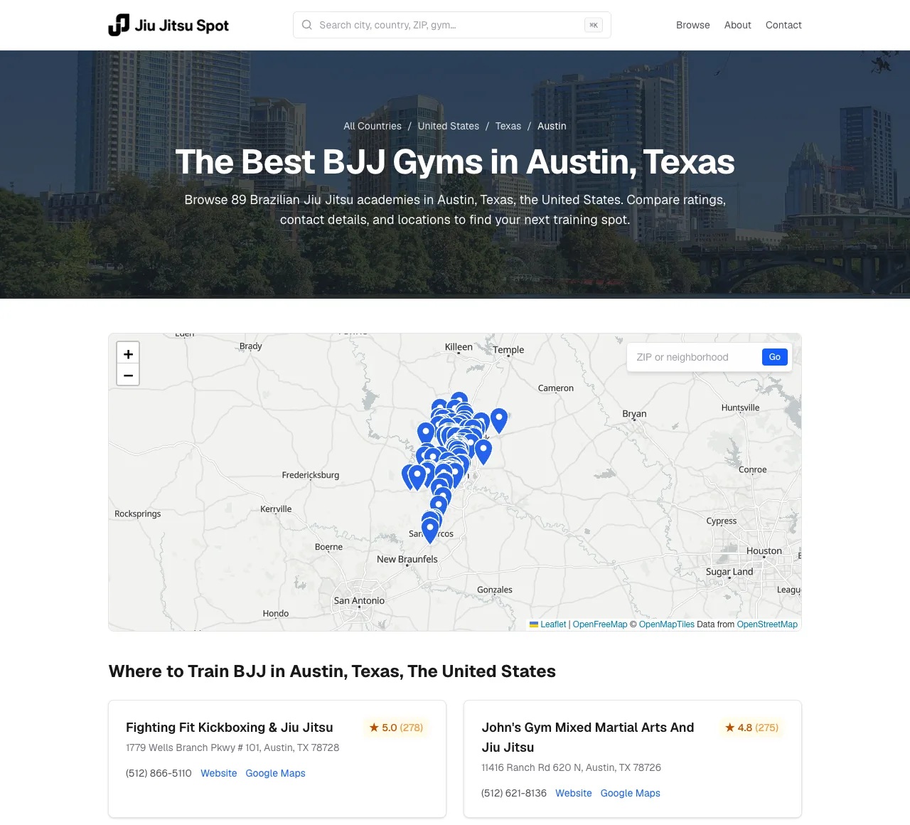 Jiu Jitsu Spot's Austin page: a map of the area's BJJ gyms above gym cards showing each gym's Google rating, review count, address, phone number and website link